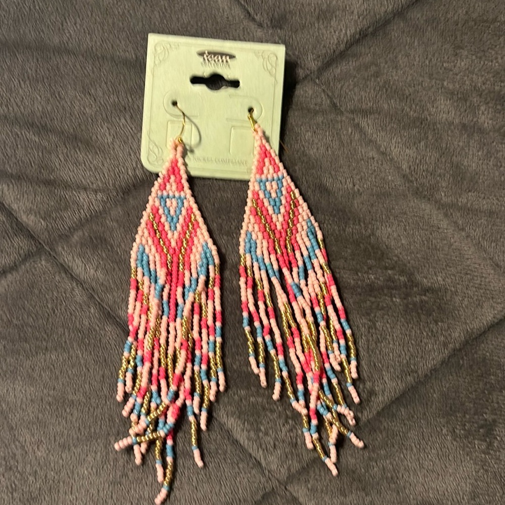 Pink and Blue Beaded Fringe Lightweight Earrings New